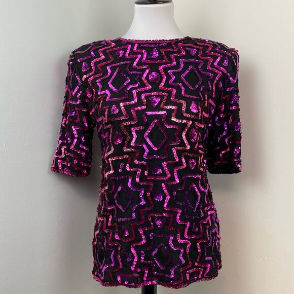 Vintage Silk & Sequin Short Sleeve Party Blouse Medium Cocktail NYE - Picture 1 of 8